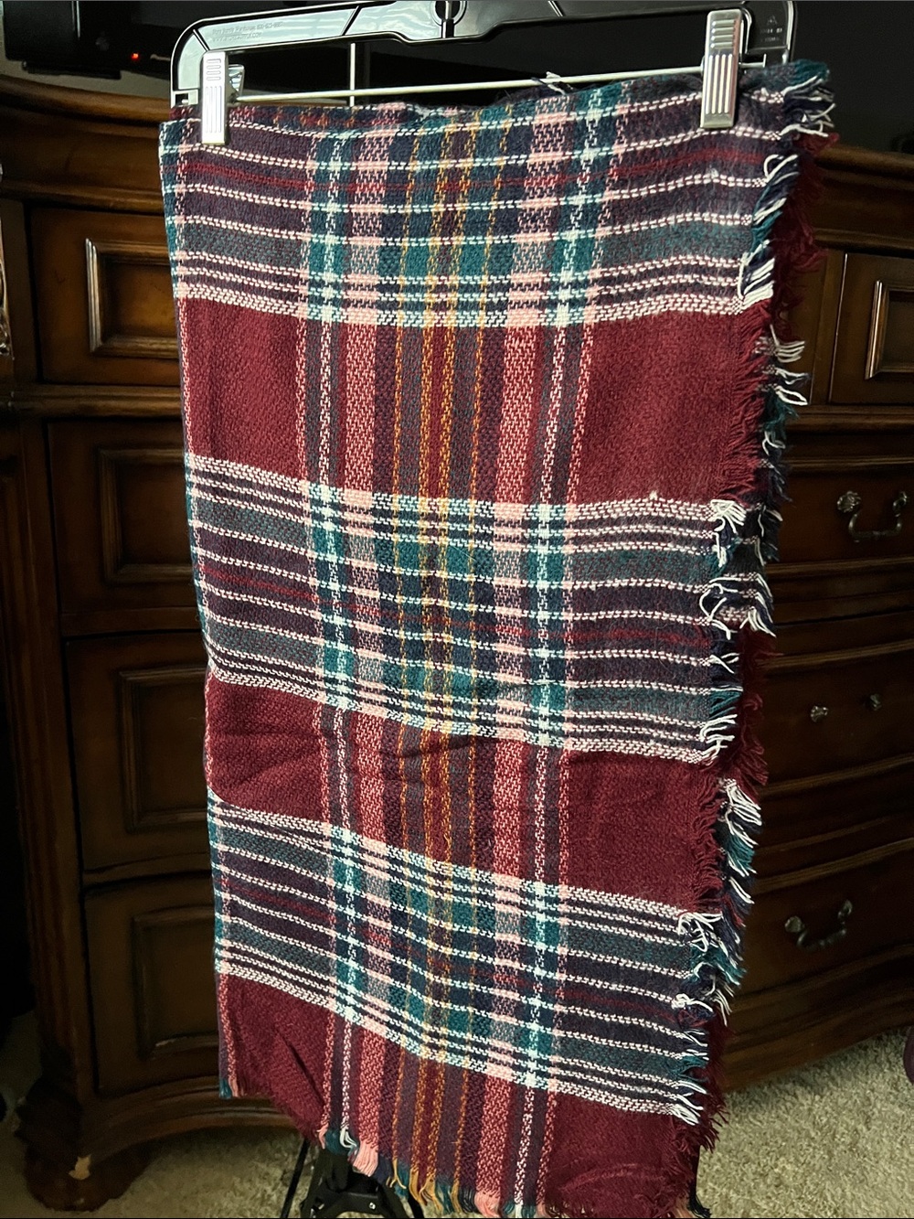 Cozy Plaid Fringe Scarf in Burgundy, Teal & Cream